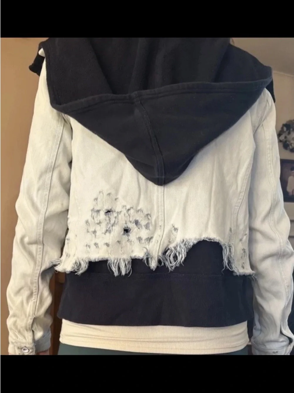 Free People Distressed Denim Jacket with knit Hoodie - Picture 2 of 5